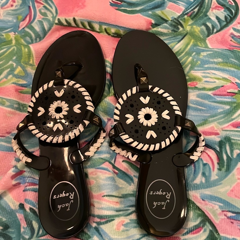 Jack Rogers Georgica Jelly Sandals, size 8 in black and white